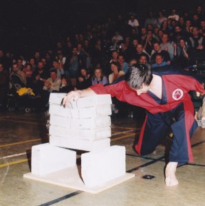 Frank Murphy breaking breeze blocks